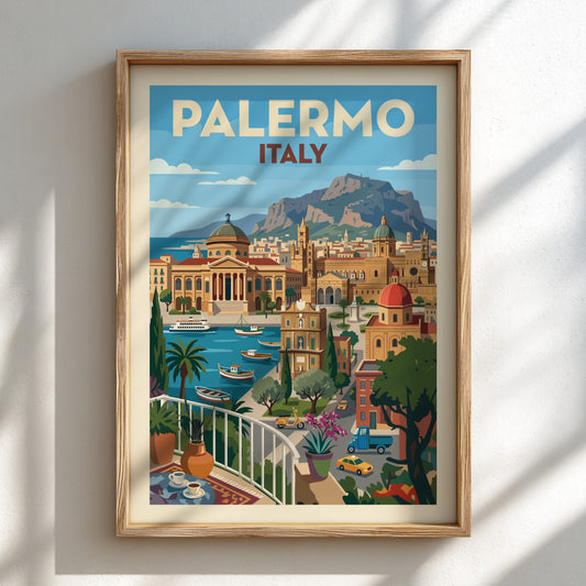 Vintage Palermo Italy travel poster featuring a cityscape with a harbor and mountains in a warm, inviting