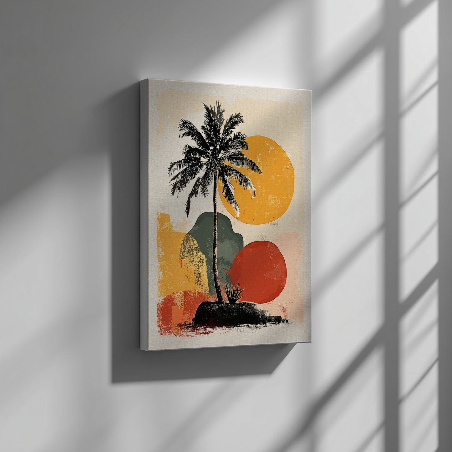Canvas print with a tropical design featuring palm trees and colorful circles on a white wall.