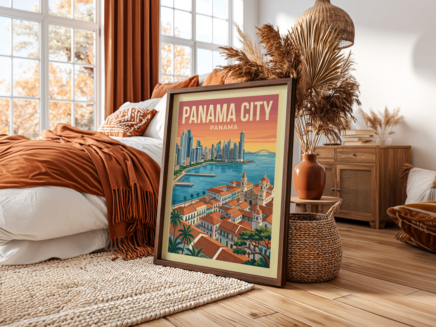 Vintage Panama City travel poster featuring skyline and colonial buildings, warm sunset colors.