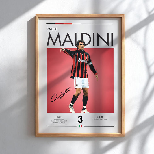 Framed poster of Paolo Maldini in a sports jersey with a red background