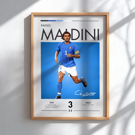 Framed poster of a soccer player in a blue jersey with 'Paolo Maldini' text.