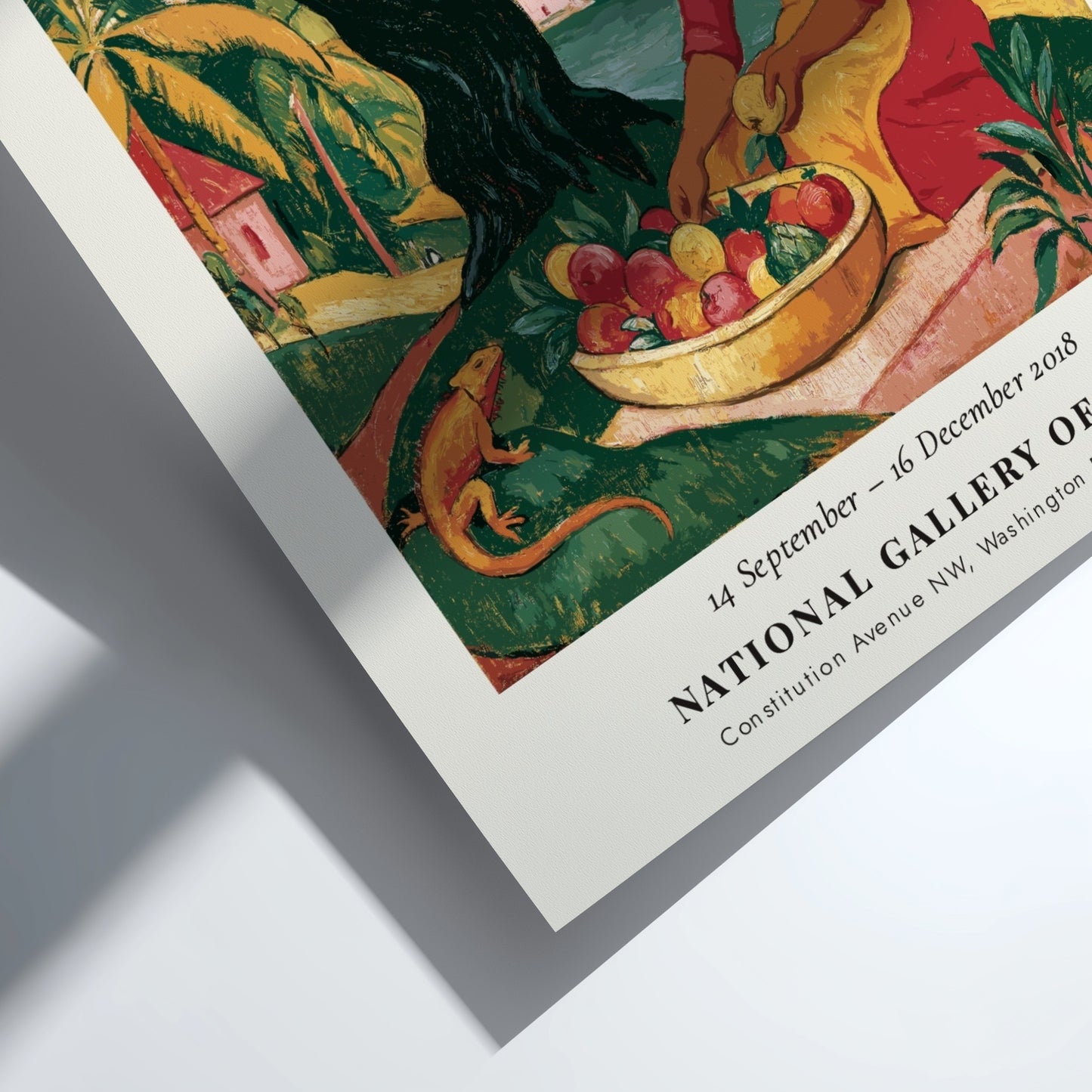 Gauguin exhibition poster featuring vibrant colors and a woman gathering fruit in a tropical landscape