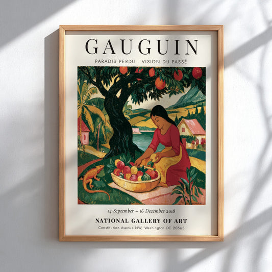 Gauguin exhibition poster featuring vibrant colors and a woman gathering fruit in a tropical landscape