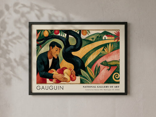 Wall art poster featuring Gauguin's Paradis Perdu with a man holding fruit, green landscape.