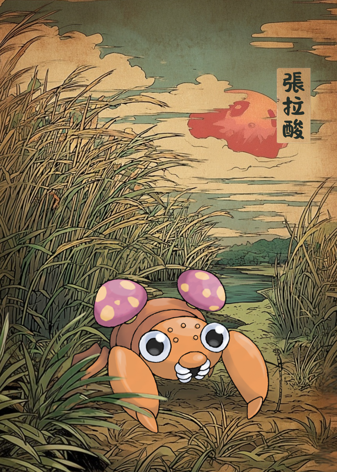 Paras Pokemon in a grassy field with a stylized sunset in the background