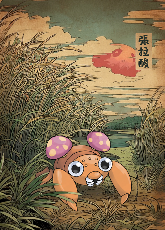 Paras Pokemon in a grassy field with a stylized sunset in the background