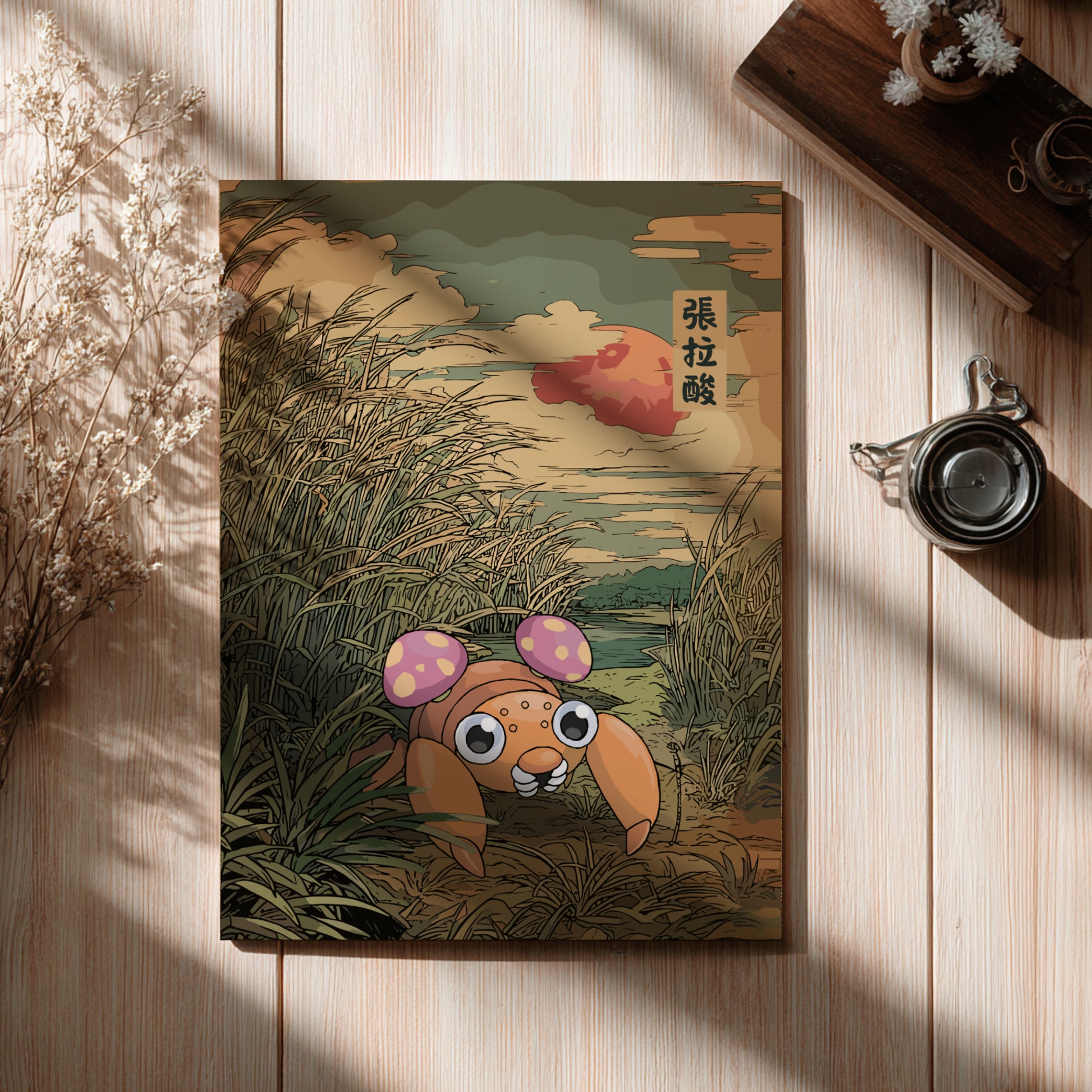 Illustrated Paras Pokemon Poster on a wooden surface