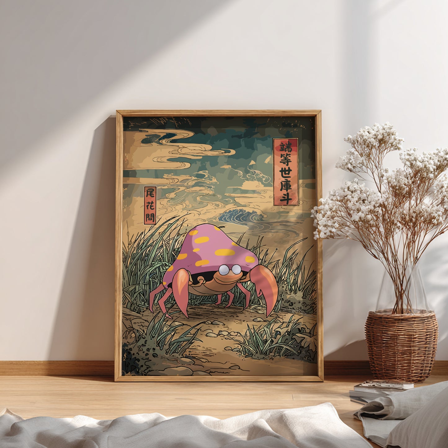 Framed artwork of Parasect Pokemon in a natural setting on a wall.