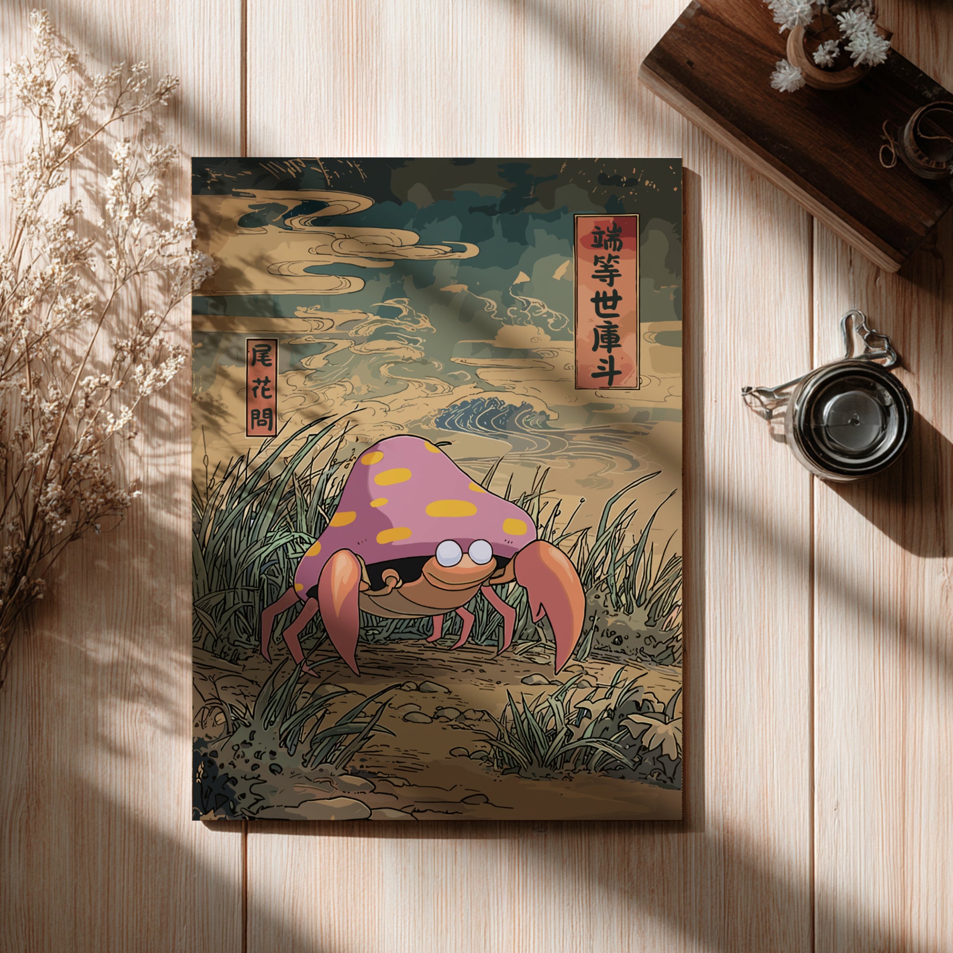 Poster with a colorful illustration of Parasect Pokemon on a wooden surface.