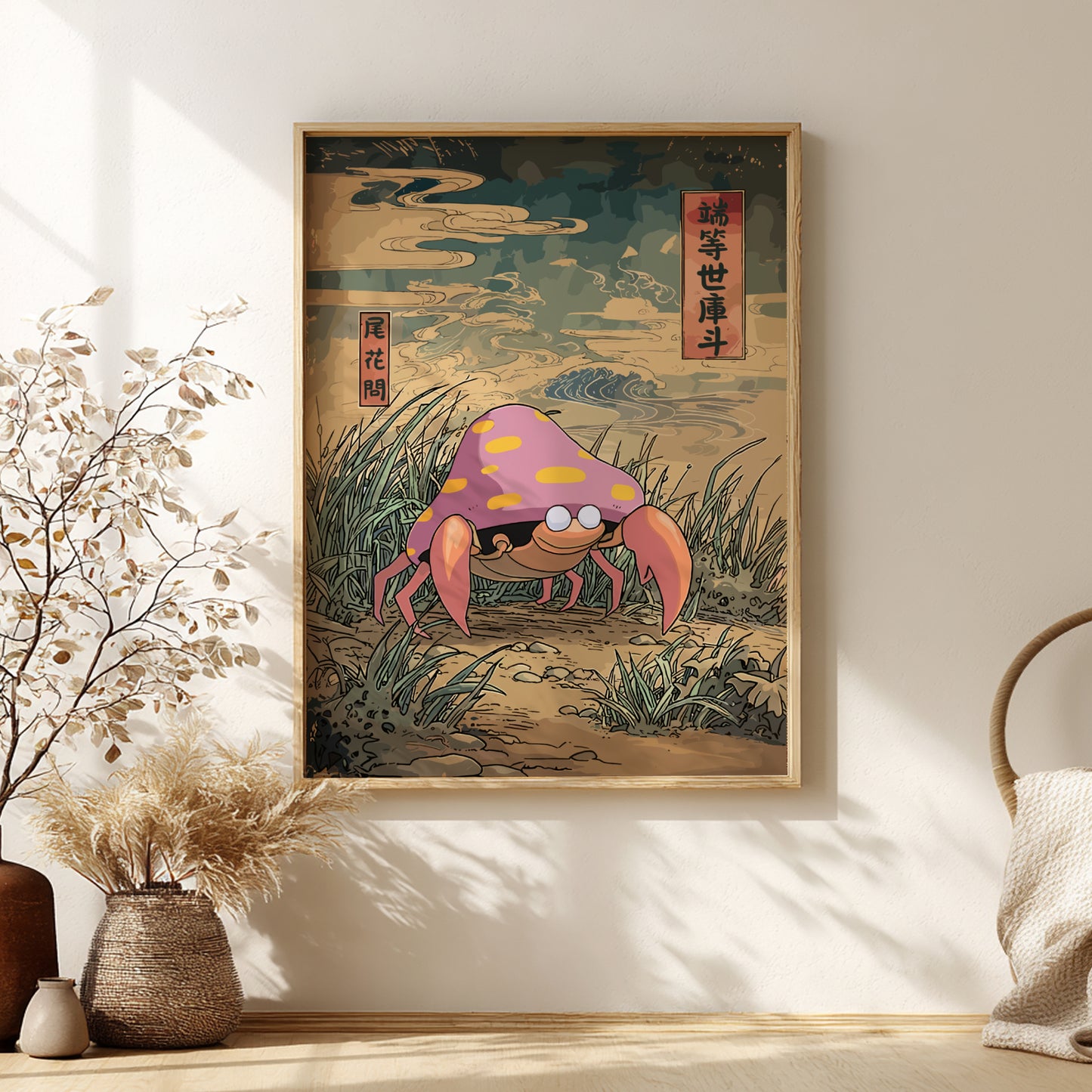 Framed artwork of Parasect Pokemon in a room with decor elements.