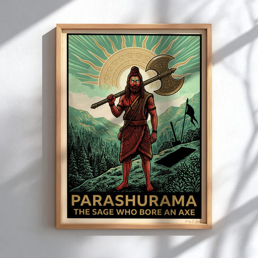 Poster featuring Parashurama the sage holding an axe against a sun and mountains