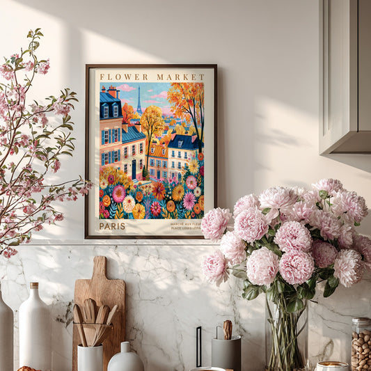 Vibrant flower market poster featuring Parisian buildings and colorful flowers, perfect for home decor.