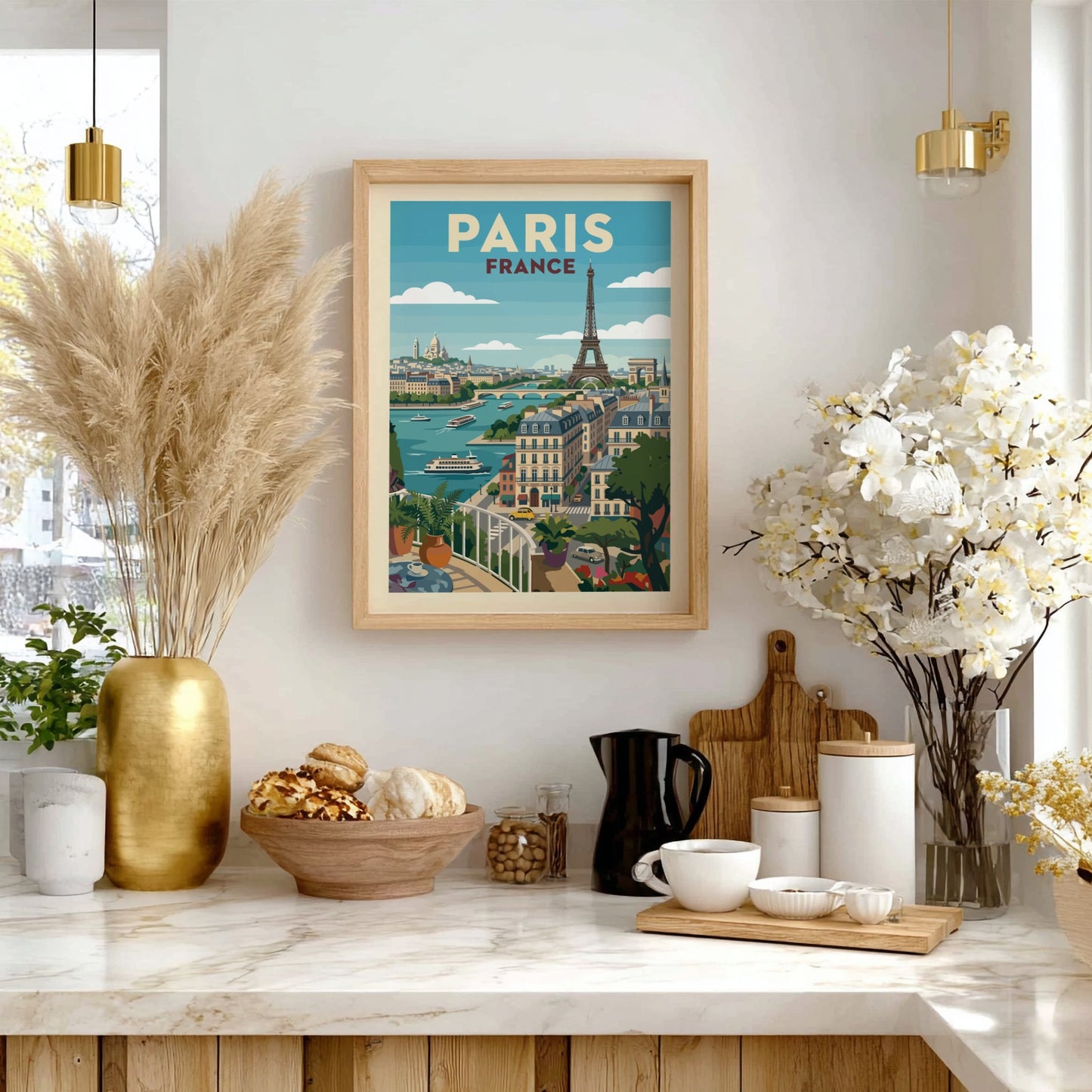 Stylized Paris travel poster featuring the Eiffel Tower, Seine River, and city buildings in a retro art style.