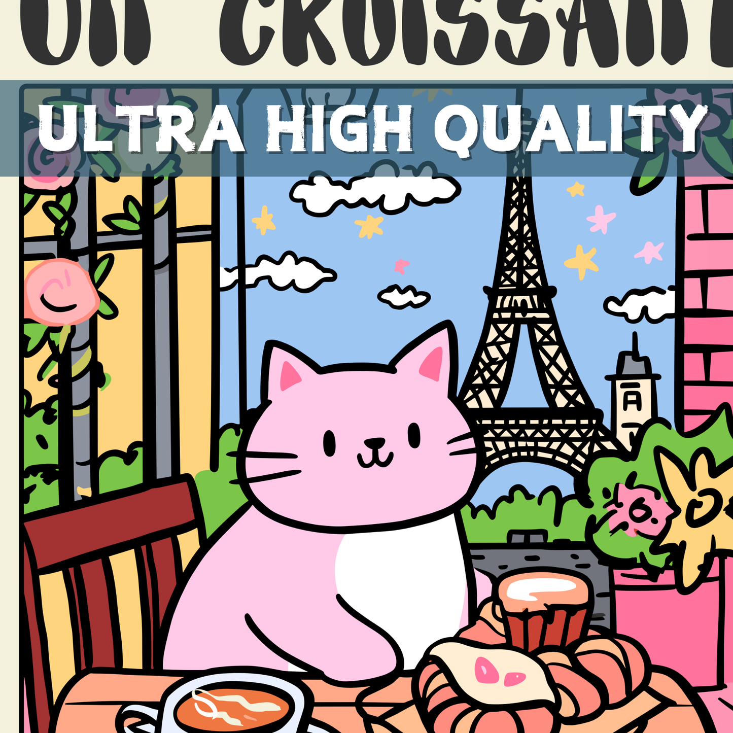 Un Croissant et Un Café – Funny Pink Cat Poster, Quirky Feline Print, Eiffel Tower Illustration