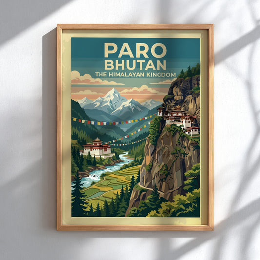 Vintage travel poster of Paro Bhutan featuring mountains, a monastery, and prayer flags.