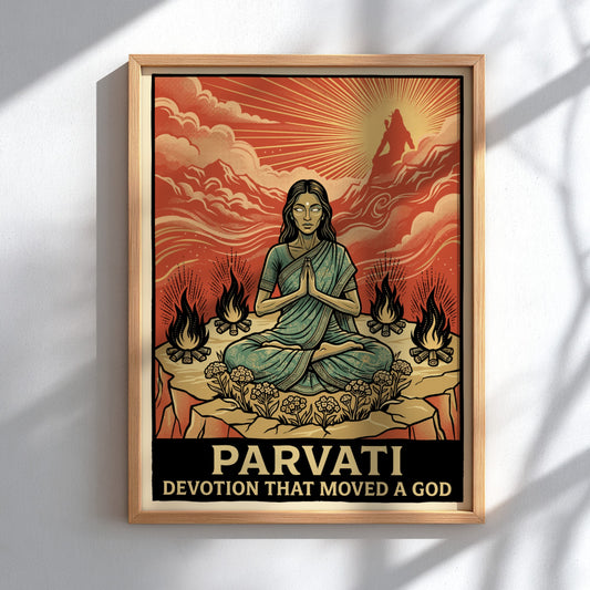Poster featuring Parvati meditating surrounded by fire with a divine silhouette in orange