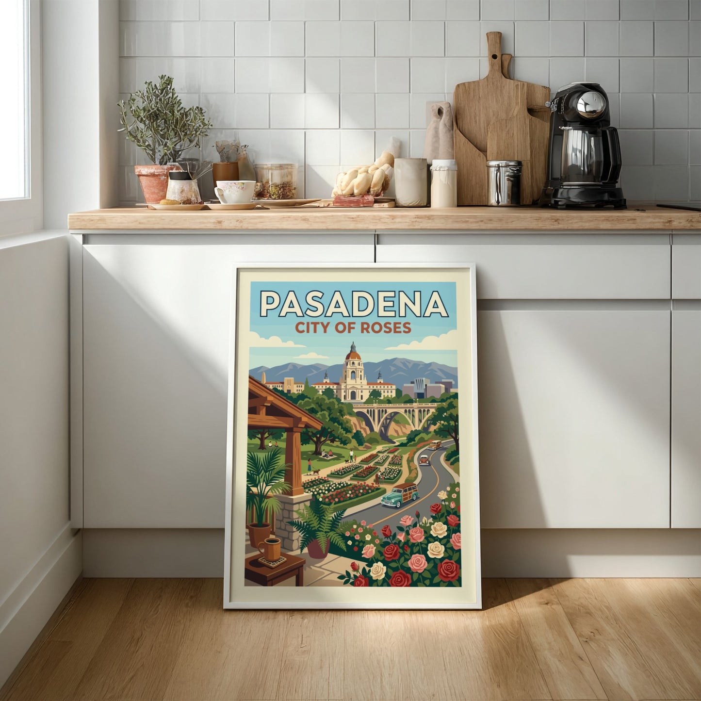 Vintage Pasadena City of Roses travel poster with City Hall, rose gardens, and retro cars in a warm,
