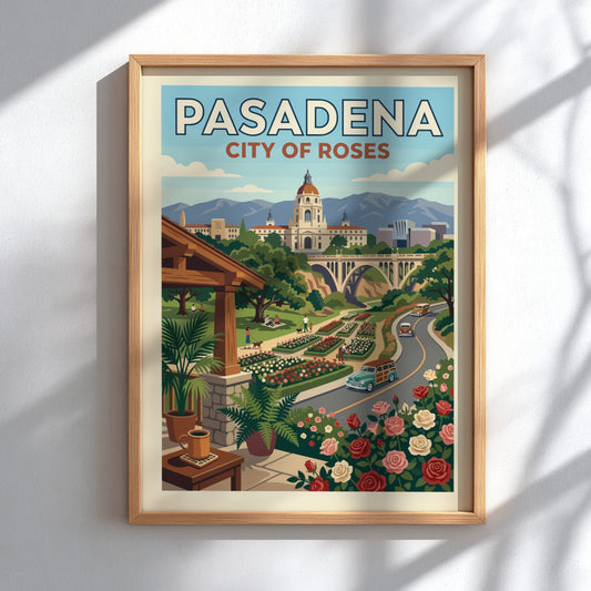 Vintage Pasadena City of Roses travel poster with City Hall, rose gardens, and retro cars in a warm,