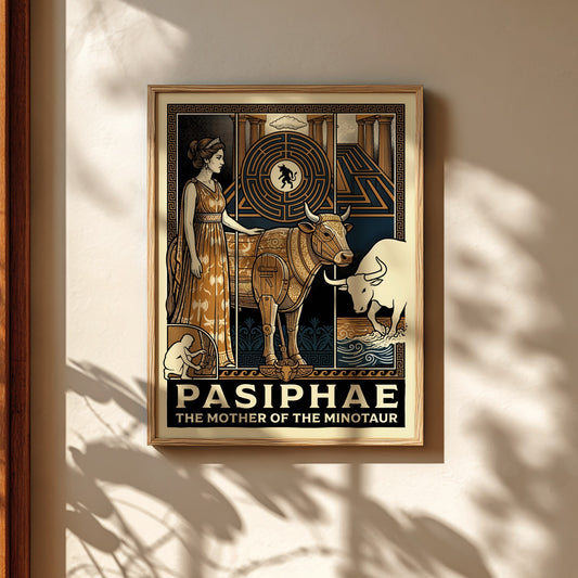 Pasiphae Greek mythology poster in a stylized illustration with a woman and a bull-like creature.