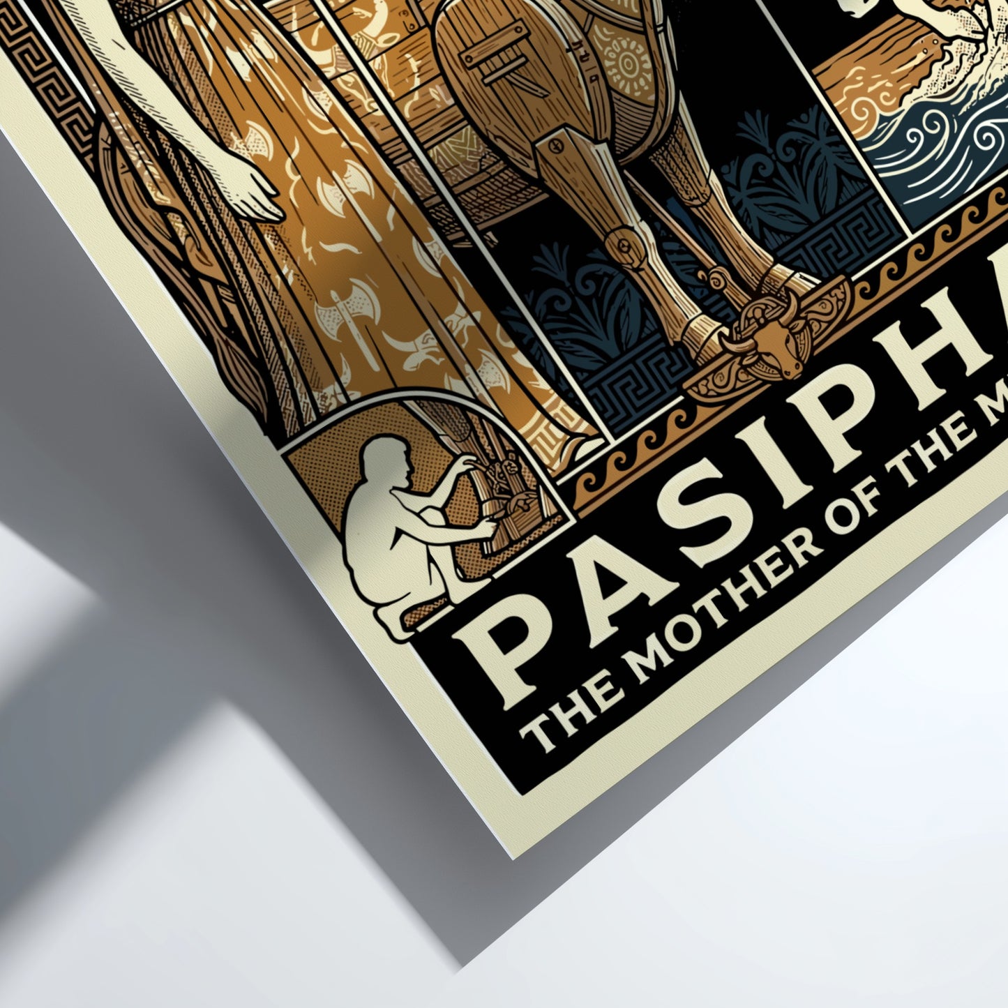 Pasiphae Greek mythology poster in a stylized illustration with a woman and a bull-like creature.