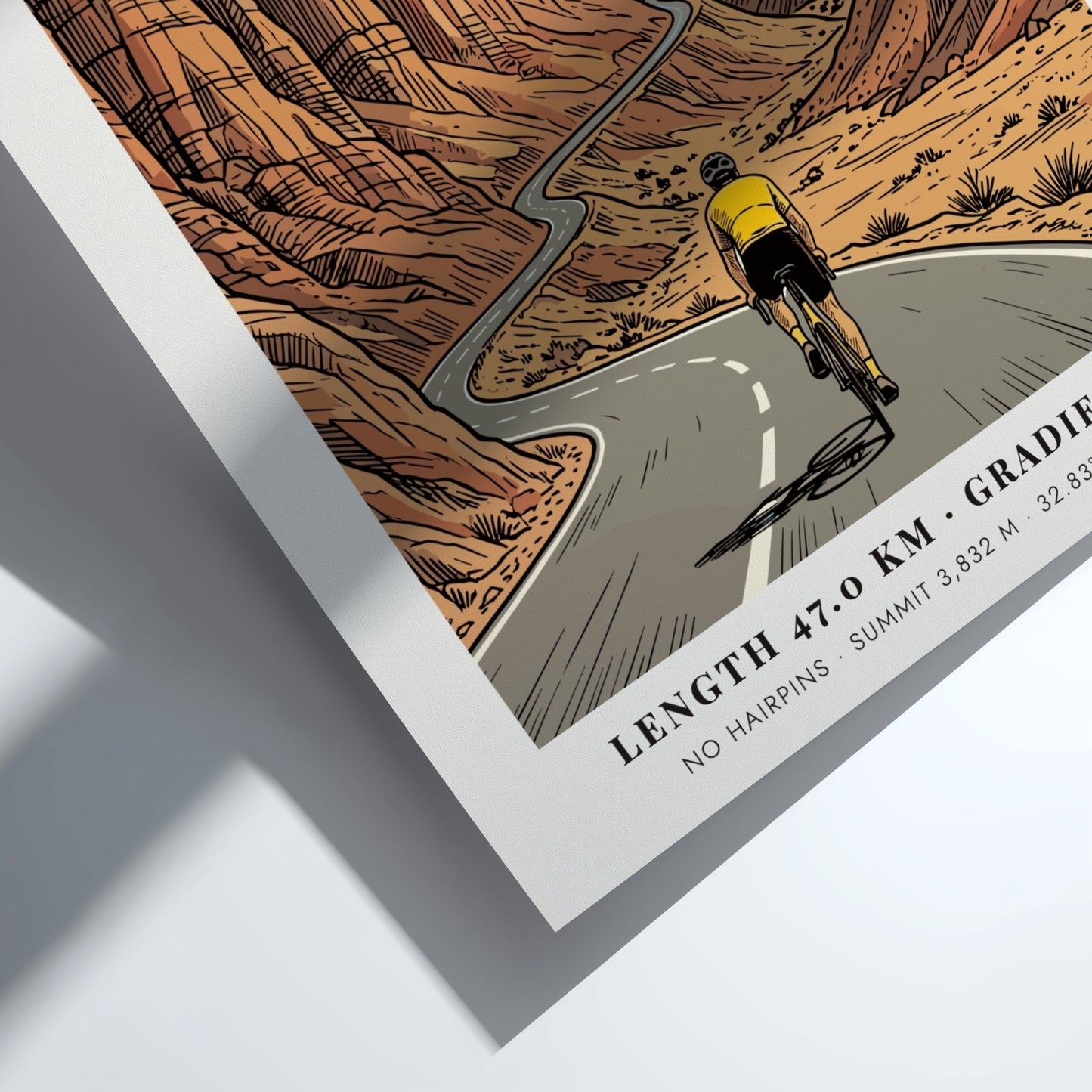 Cycling poster showing a rider on the winding Paso Los Libertadores mountain road