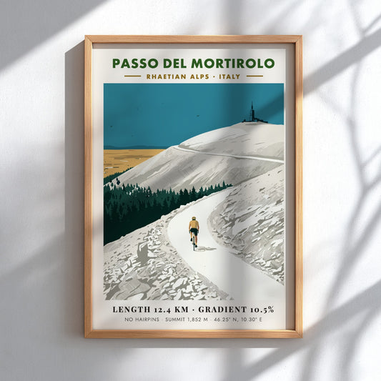 Poster of Passo Del Mortirolo in the Italian Alps featuring a lone cyclist