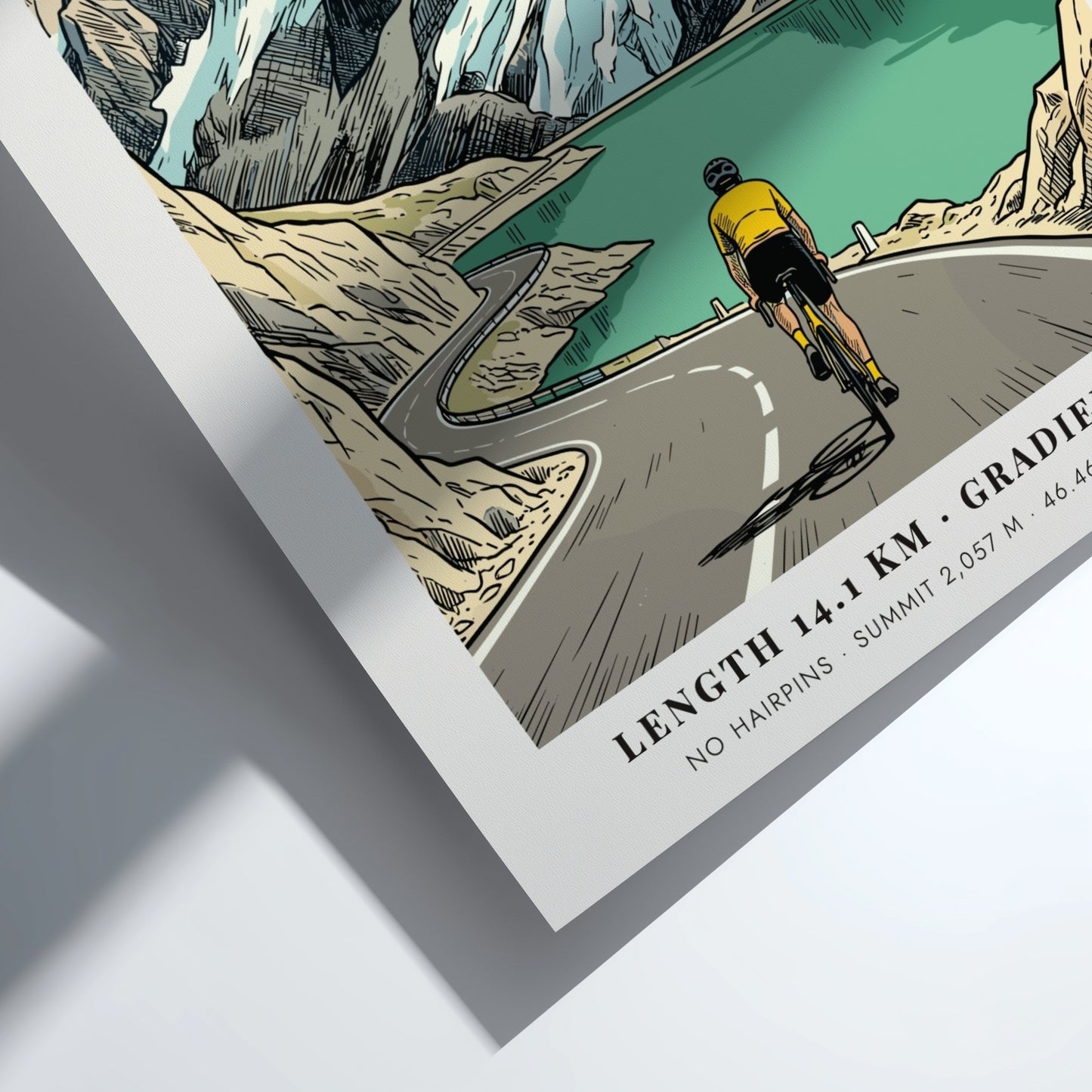 Cycling poster of Passo Di Fedaia in the Dolomites with a cyclist climbing.