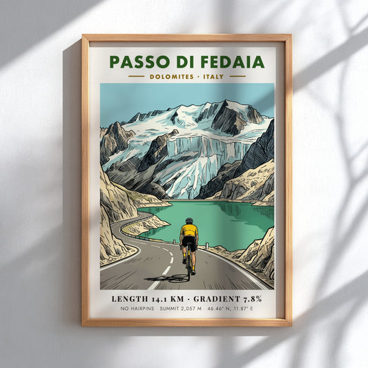 Cycling poster of Passo Di Fedaia in the Dolomites with a cyclist climbing.