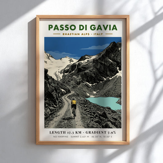 Poster of a cyclist climbing the gravel road of Passo Di Gavia Italy