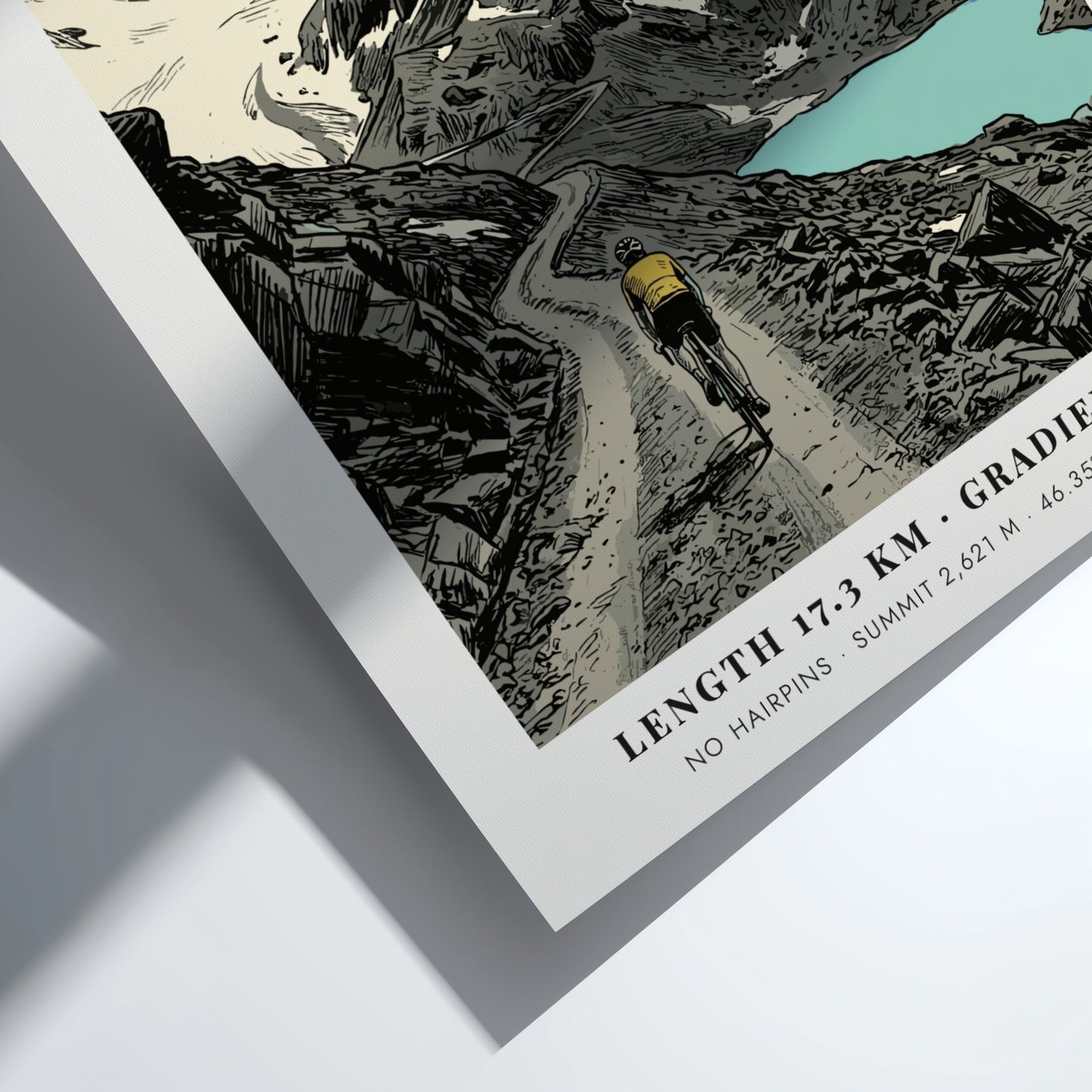 Poster of a cyclist climbing the gravel road of Passo Di Gavia Italy