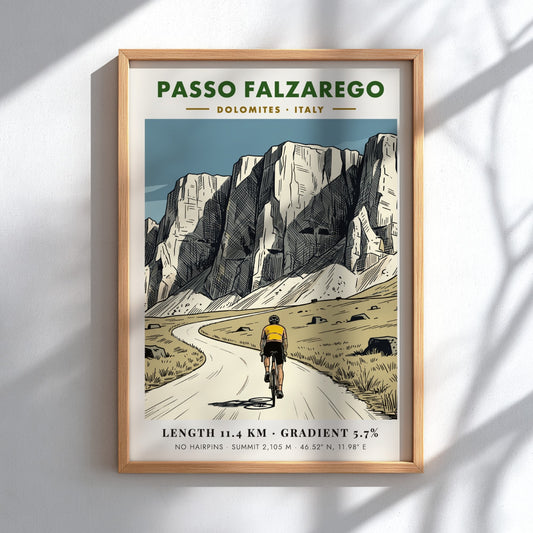 Poster featuring a cyclist climbing the Passo Falzarego in the Italian Dolomites mountains