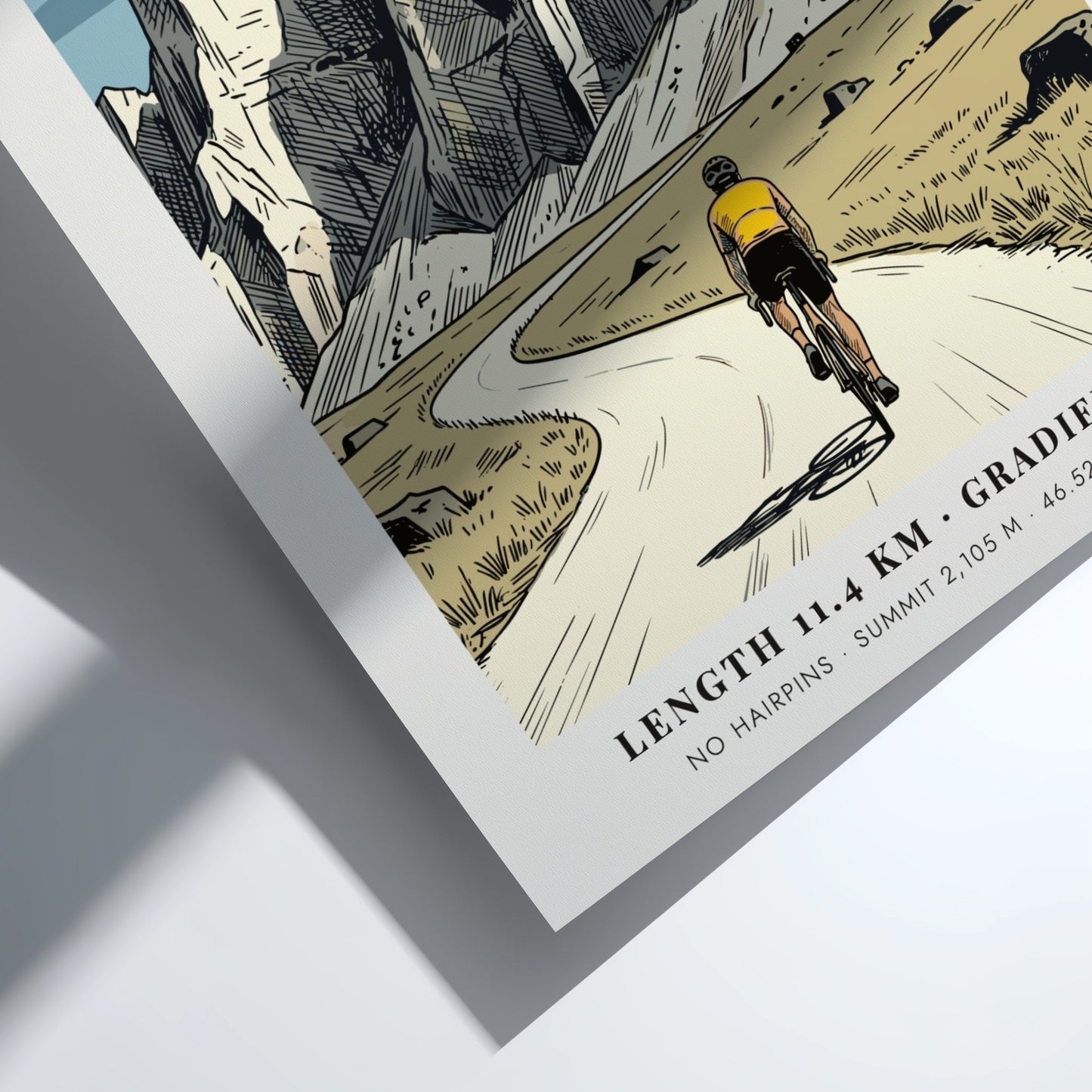 Poster featuring a cyclist climbing the Passo Falzarego in the Italian Dolomites mountains