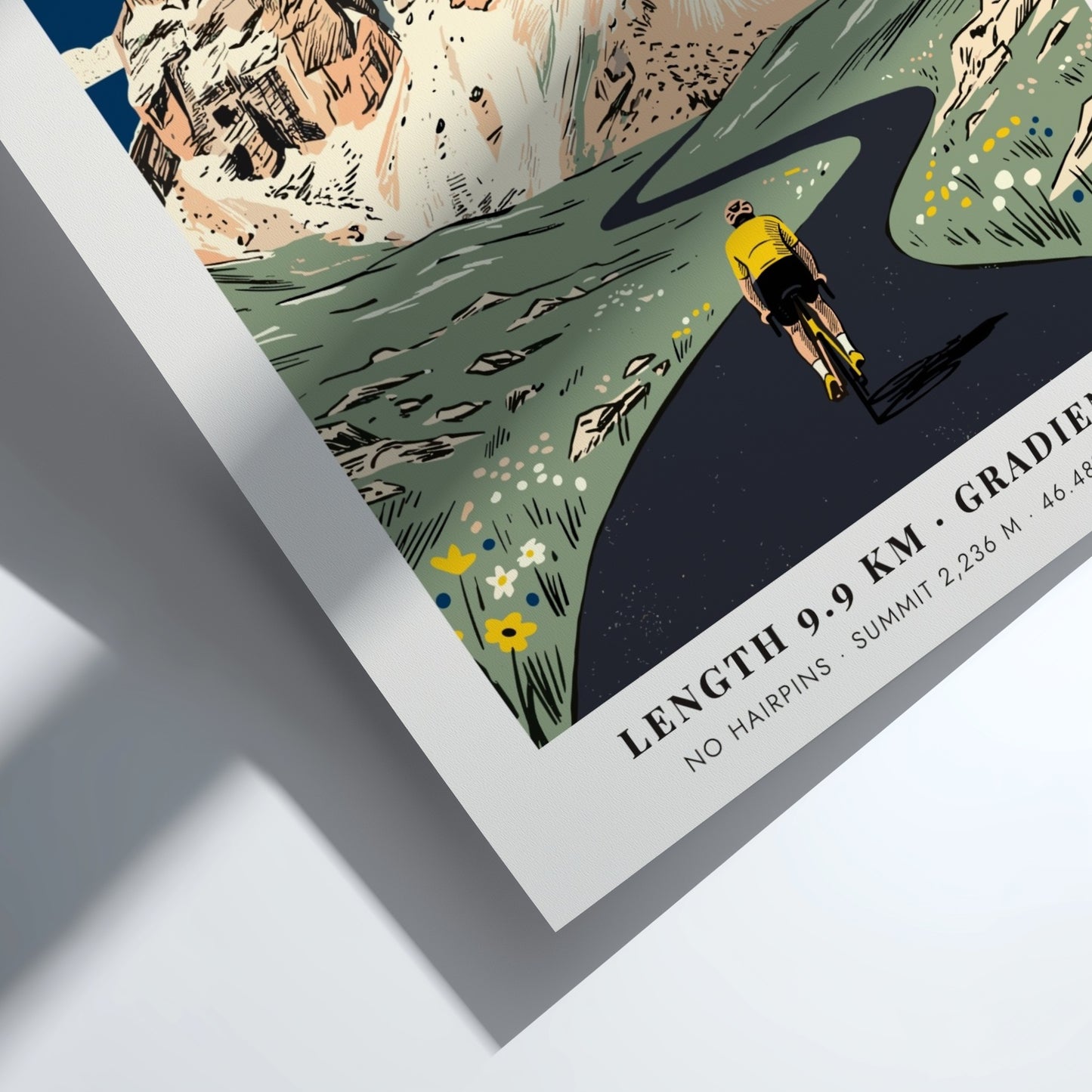 Passo Giau poster showing a cyclist riding toward jagged limestone mountains in Italy.