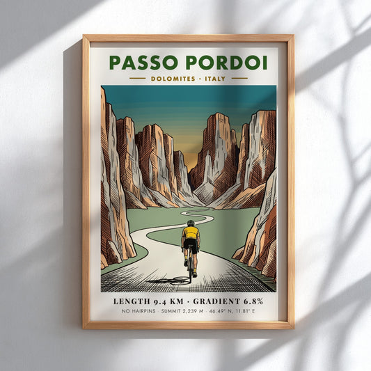 Poster of a cyclist climbing the Passo Pordoi in the Italian Dolomites mountains.