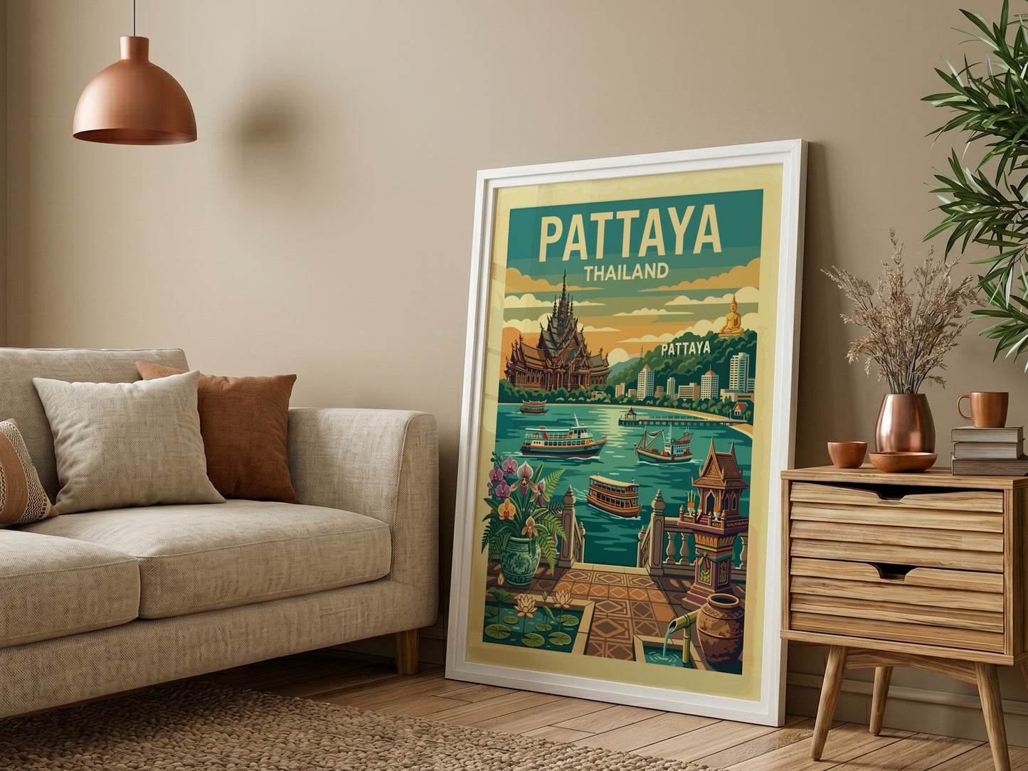 Pattaya Thailand vintage travel poster with a retro design and vibrant colors, depicting city landmarks and