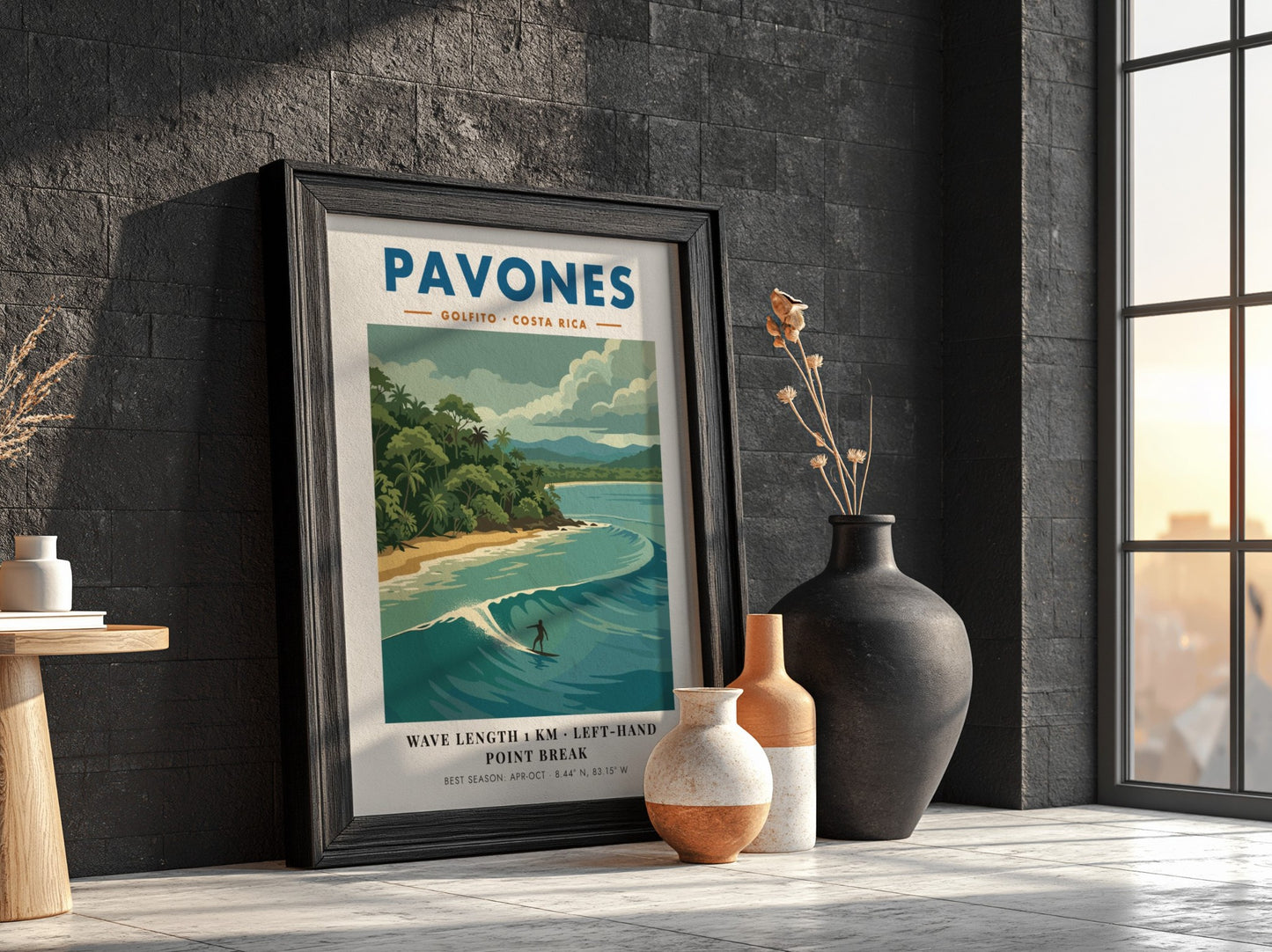 Vintage travel poster of Pavones Costa Rica featuring a surfer on a wave.
