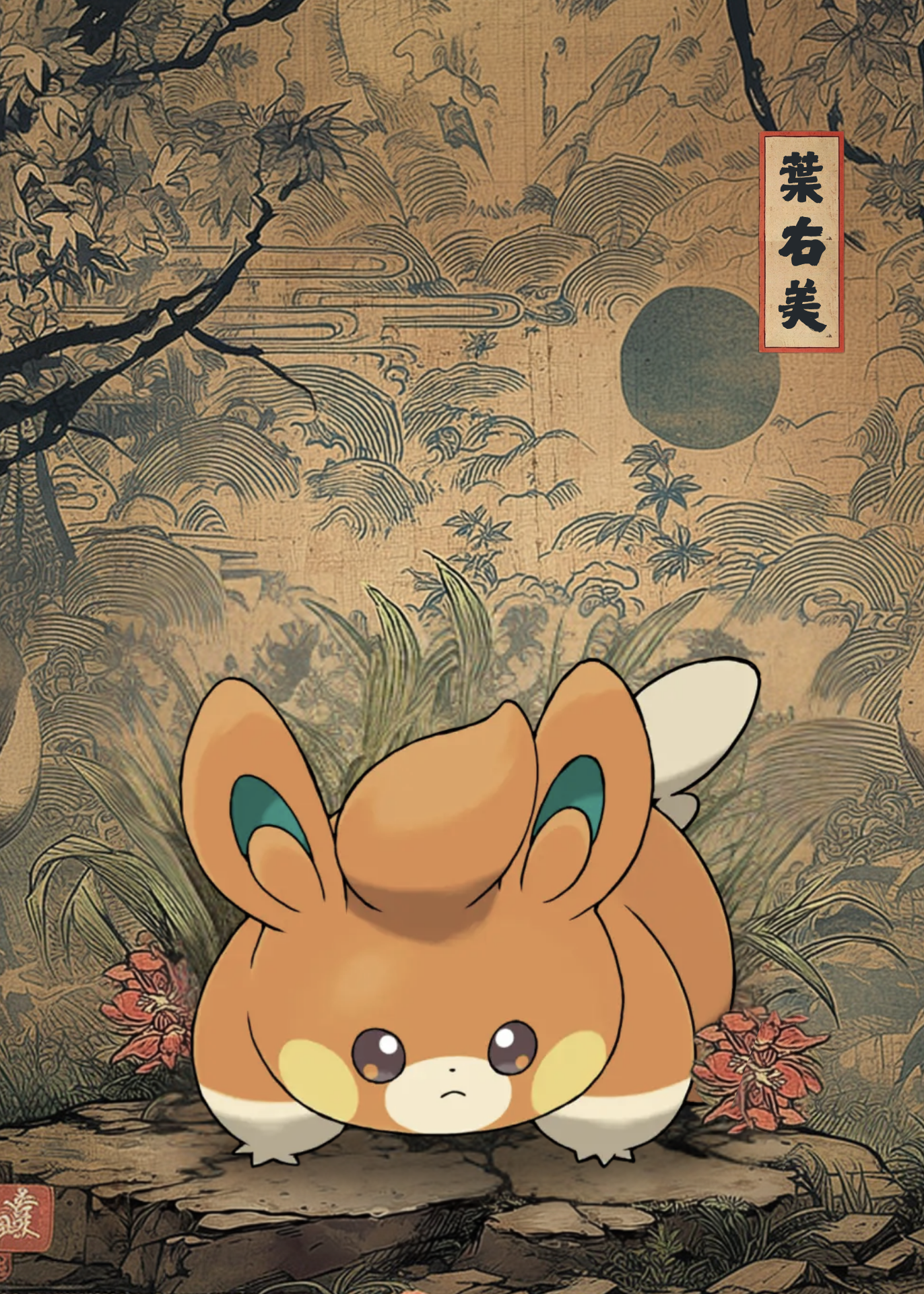 Pawmi Pokemon character in a traditional Japanese-style setting with a moon and trees.