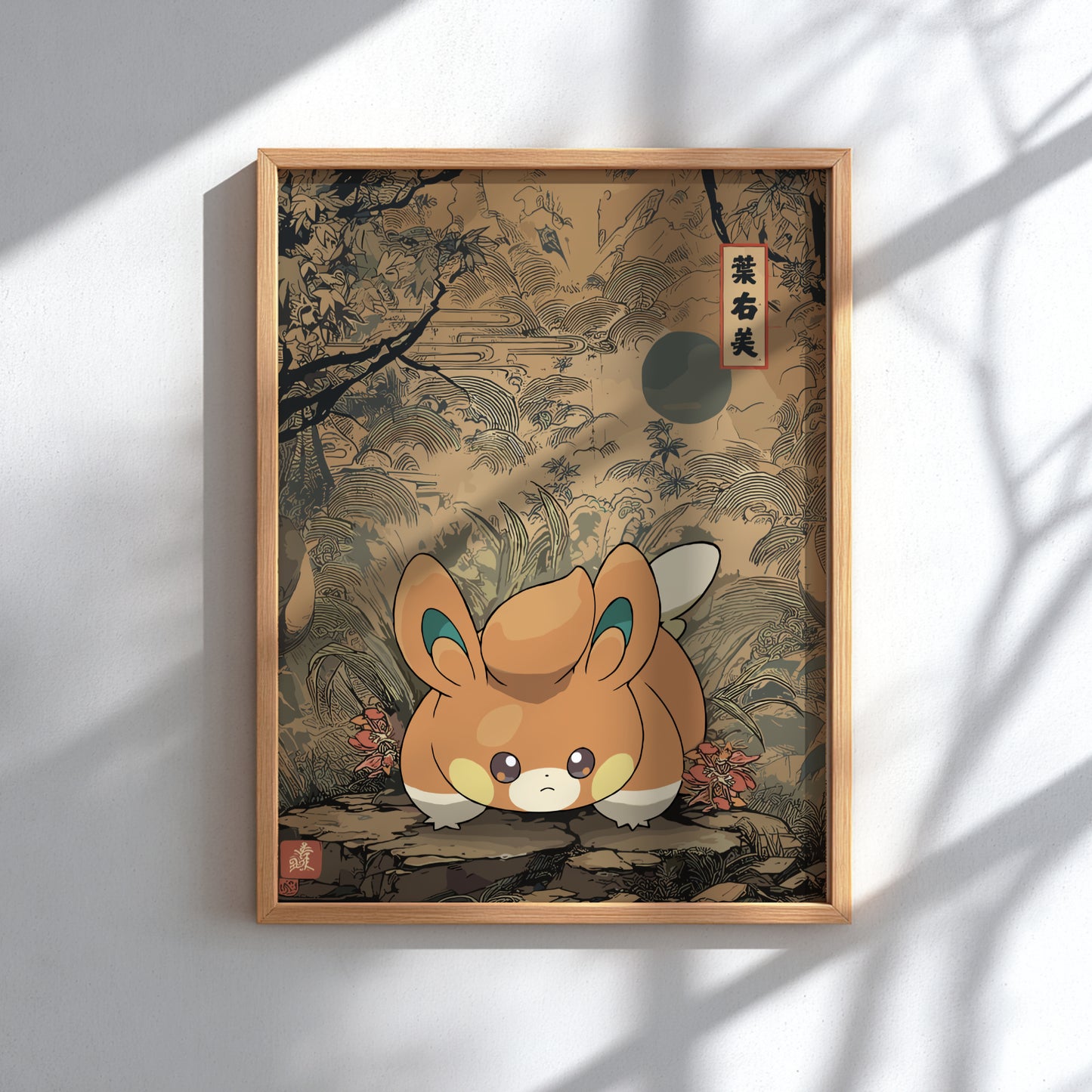 Framed artwork with Pawmi Pokemon character in a traditional Japanese setting