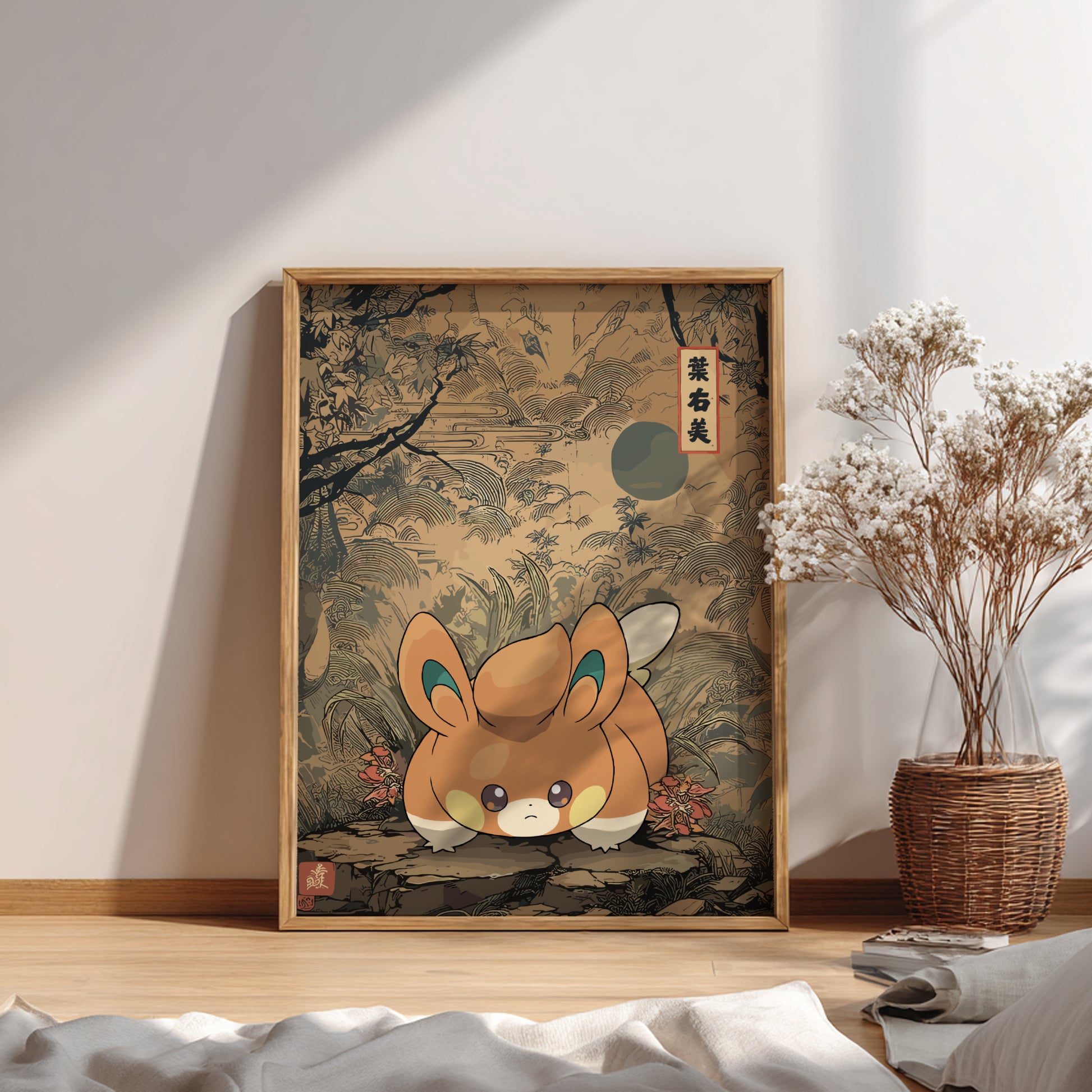 Framed artwork of Pawmi Pokemon on a wall with a vase of flowers.