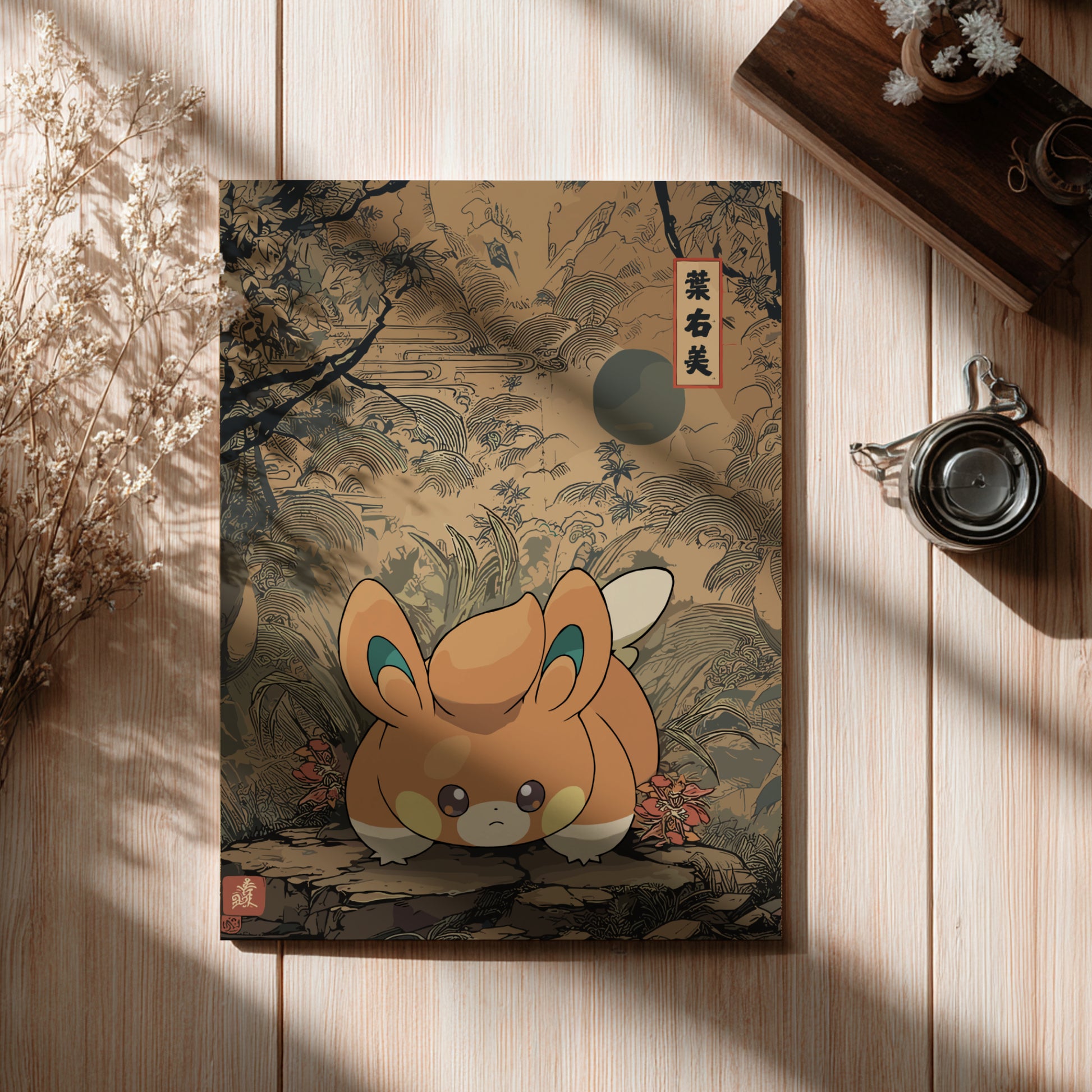Poster with Pawmi Pokemon illustration on a wooden surface with a cup and flowers.