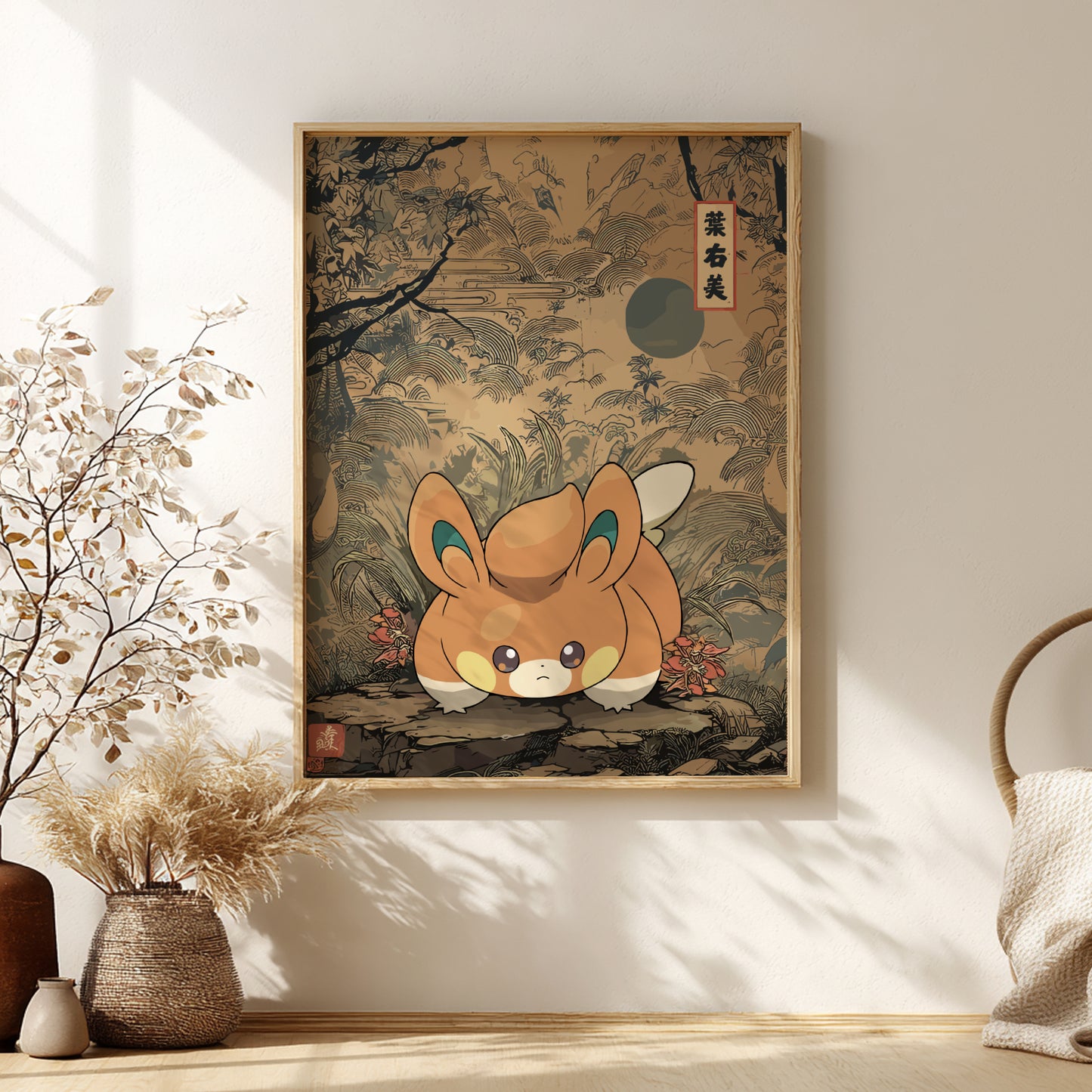 Framed artwork of Pawmi Pokemon character in a natural setting on a wall.