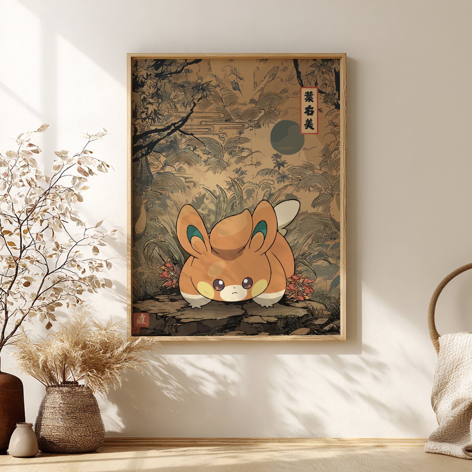 Framed artwork of Pawmi Pokemon character in a natural setting on a wall.