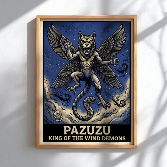Poster featuring Pazuzu as a winged lion creature with a snake tail in blue.