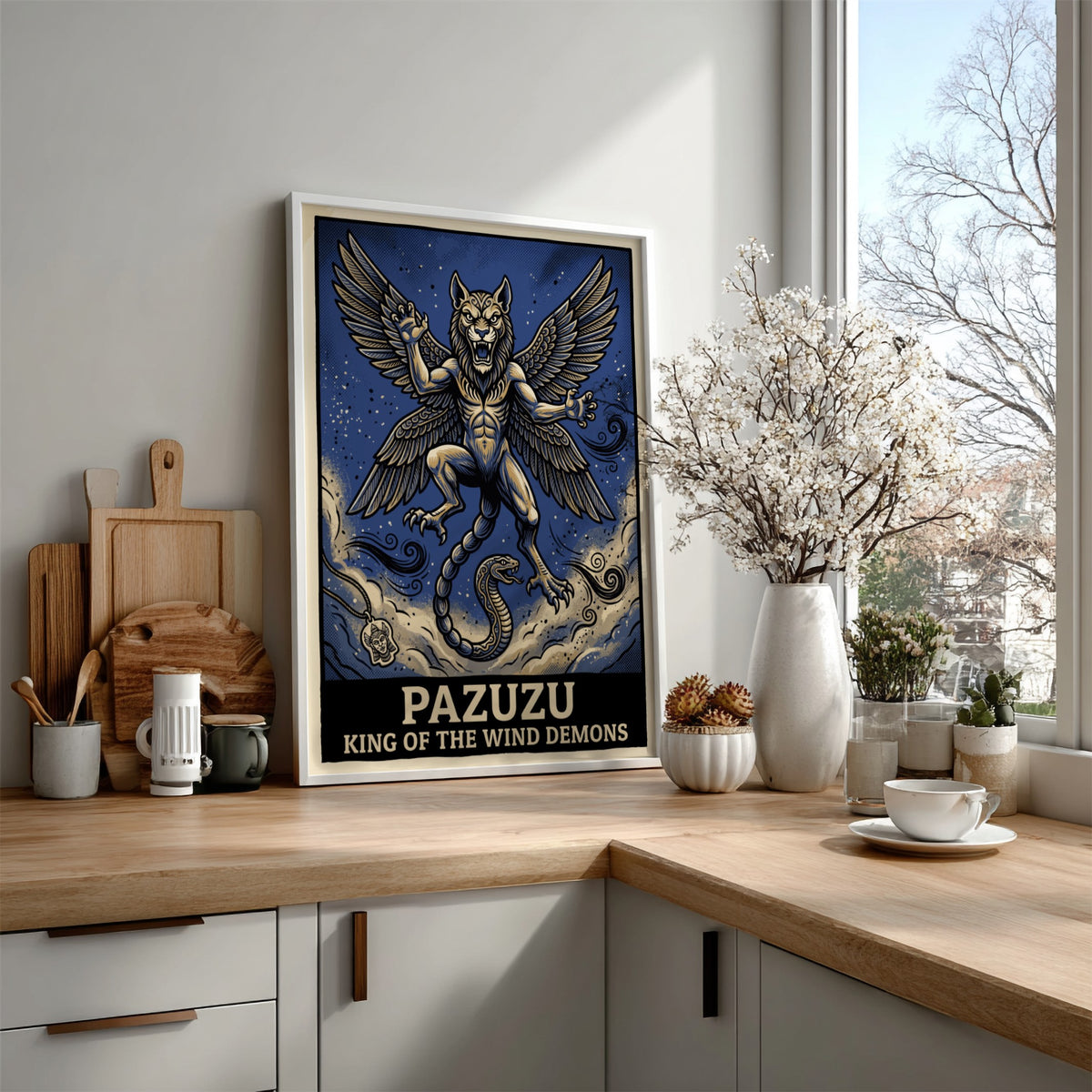 Poster featuring Pazuzu as a winged lion creature with a snake tail in blue.