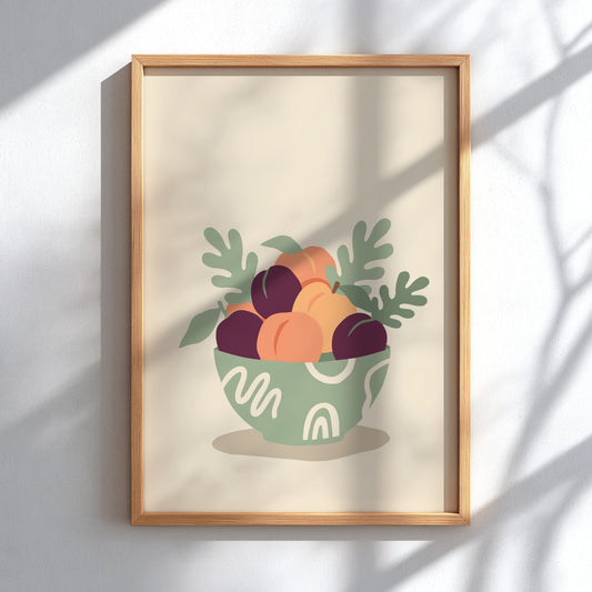 Poster featuring a sage green bowl filled with peaches and plums on cream background.