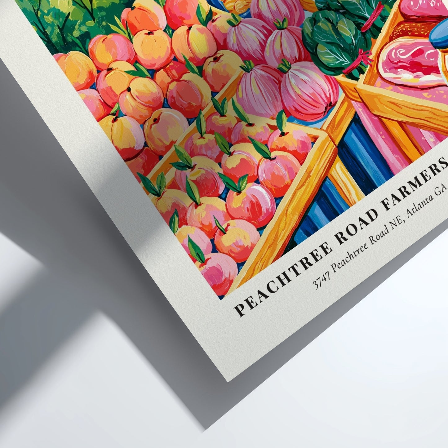 Peachtree Road Farmers Market poster featuring colorful fruits and Atlanta skyline in a vibrant art style