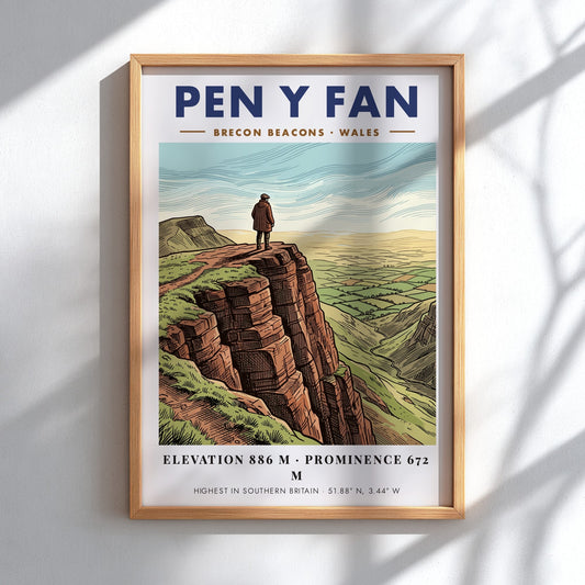 Poster of Pen Y Fan in the Brecon Beacons with a hiker standing cliffside.