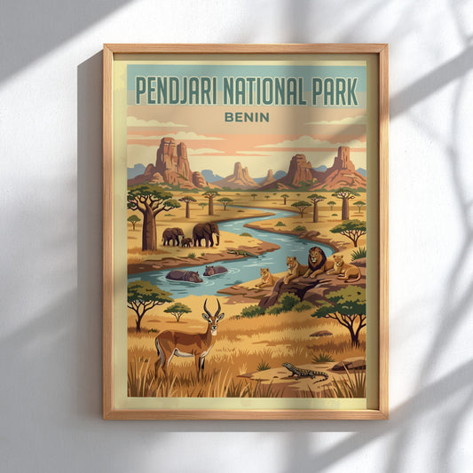 Pendjari National Park poster featuring wildlife, vibrant colors, and a natural landscape