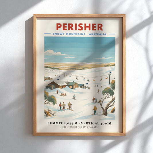 Perisher ski resort poster featuring snowy mountains and ski lifts in vintage style