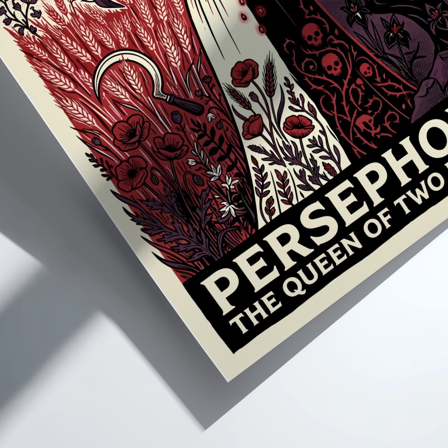 Persephone Greek Mythology poster with split design, vibrant and dark realms, art print.